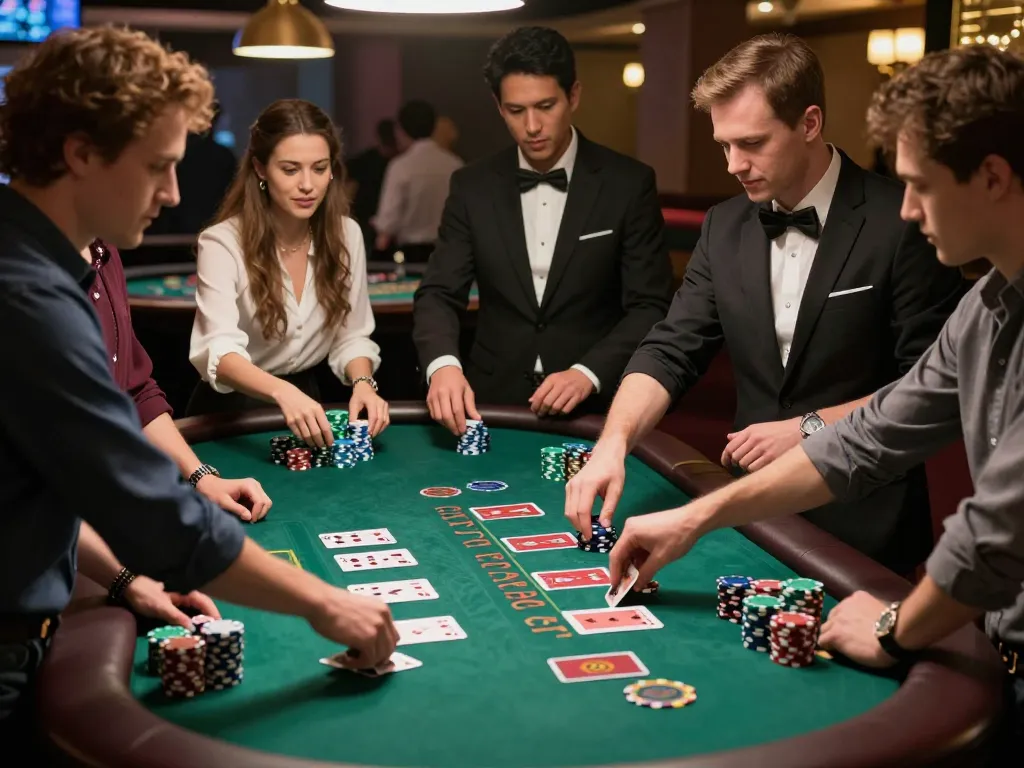 Players experiencing blackjack action at hidobasketgoztepe casino table, with lively interactions and vibrant atmosphere.