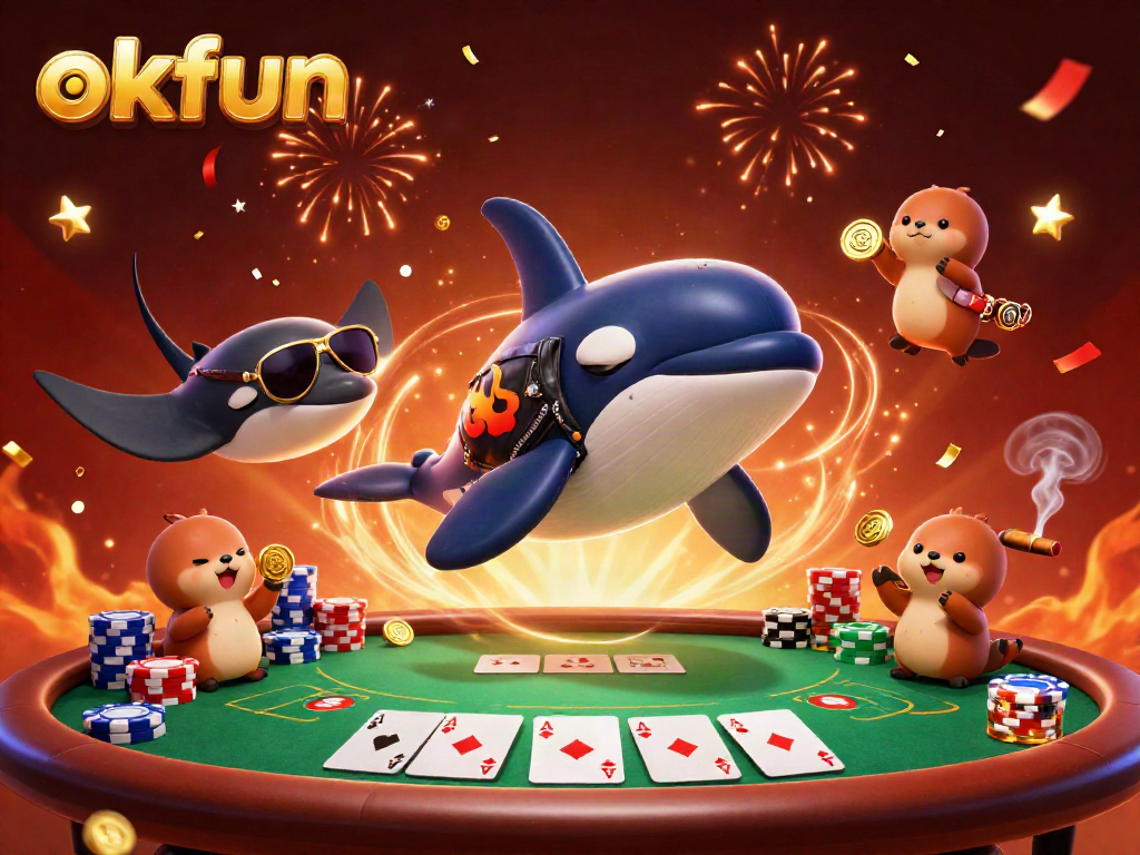 Experience the thrill of okfun with animated orca and sea creatures celebrating wins at a vibrant casino.