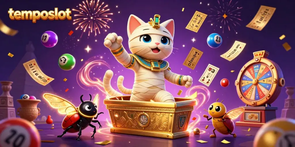 Permainan menarik di temposlot dengan karakter kartun Mesir, kucing mumi, dan efek visual yang menarik.