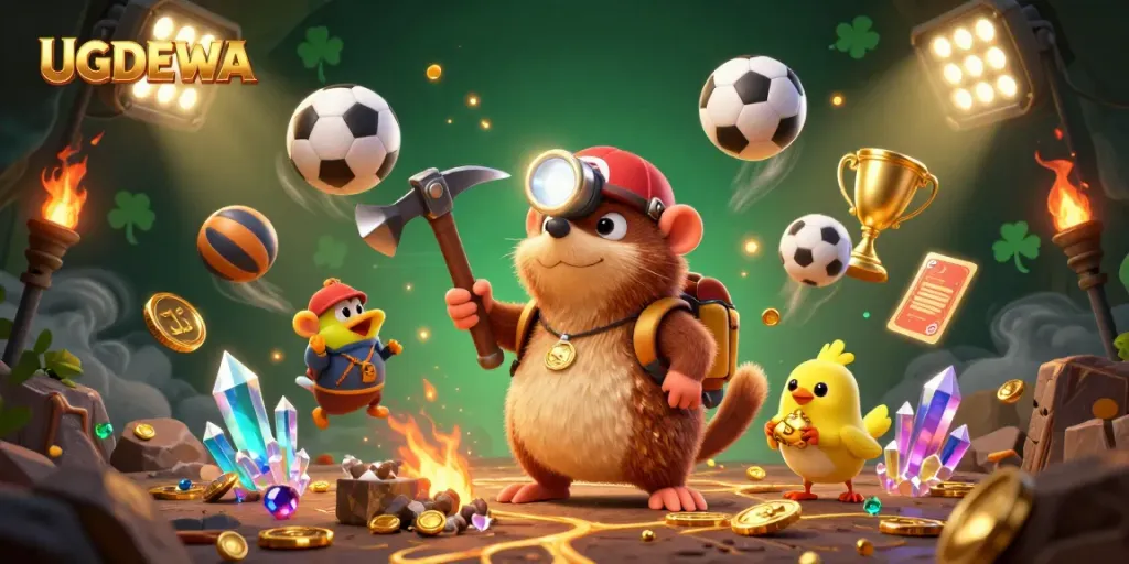 Bet big with UGDEWA, where treasure hunter mole mines golden riches in a vibrant casino scene.