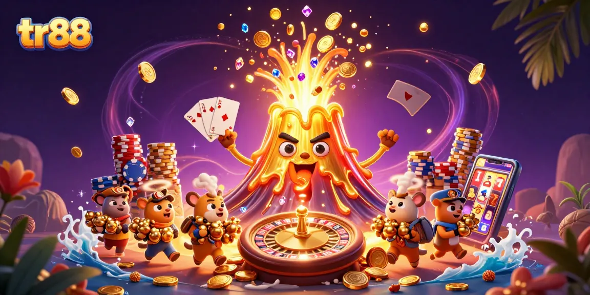 Experience thrilling wins at tr88 with colorful casino elements and a magical golden volcano.