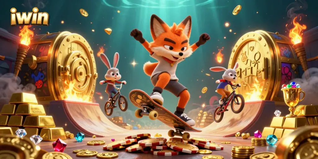 Experience exciting spins and wins at iwin casino with 3D cartoon characters in a vibrant digital scene.