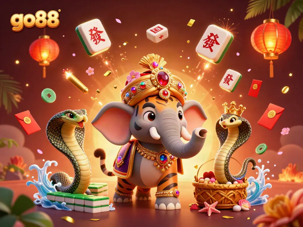 Experience the excitement of go88 with a vibrant 3D illustration of a majestic tiger and elephant.