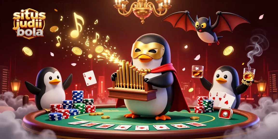 Engage in situs judi bola excitement with a vibrant 3D scene of a penguin playing a pipe organ amidst casino glamour.