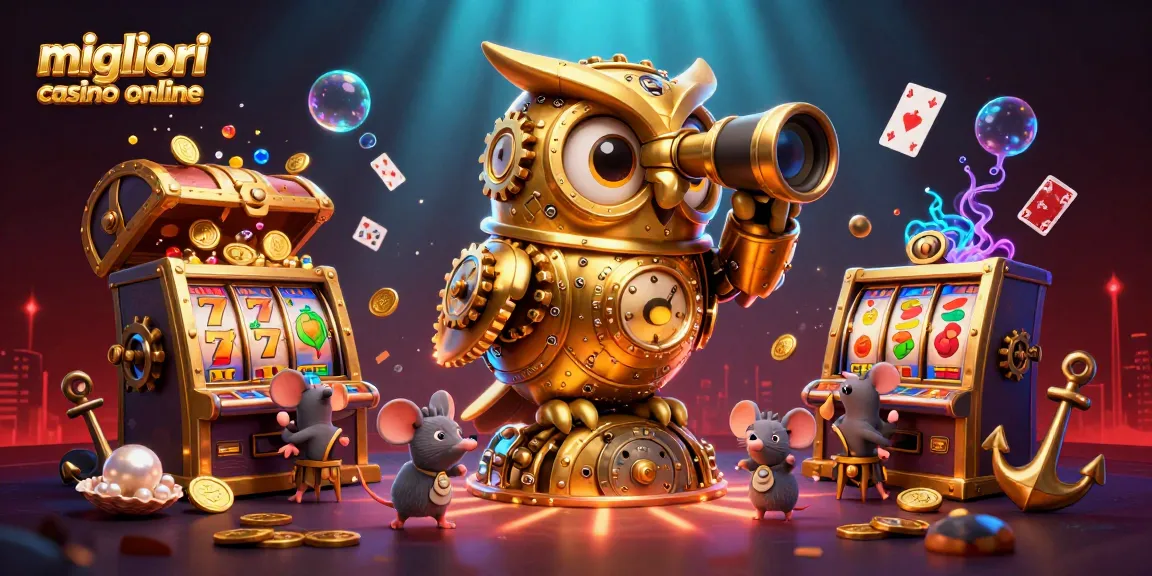 Scopri i migliori casino online con una scena vivace e dettagliata di un gufo d'oro e topi tra macchinette e tesori.