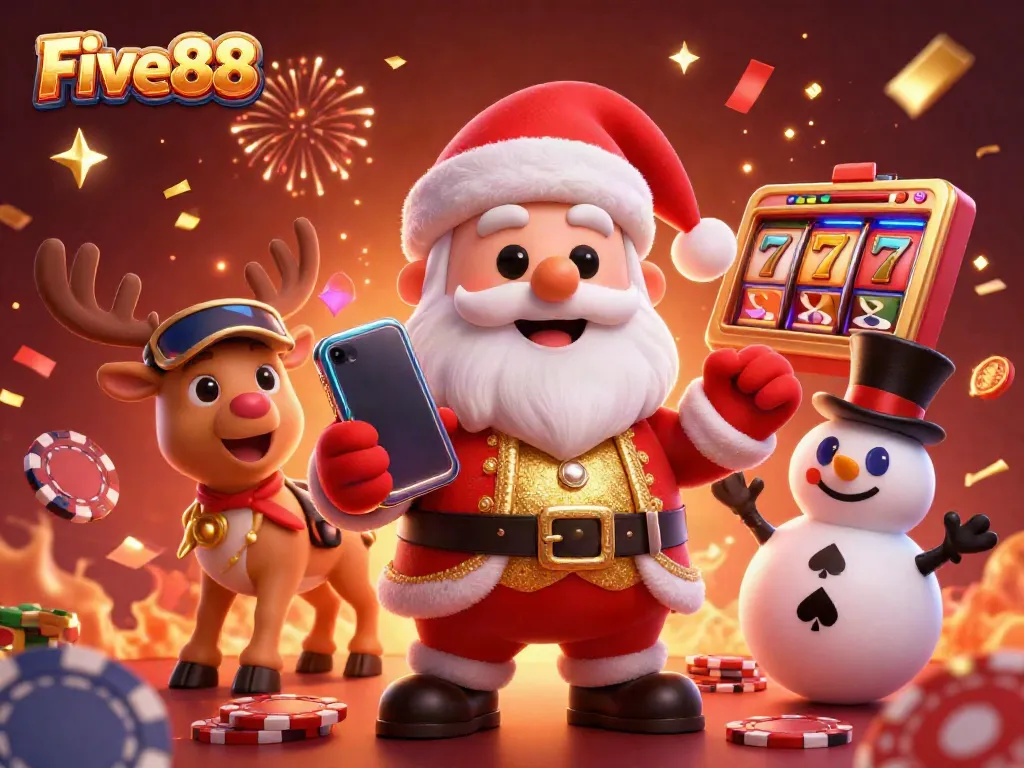 Five88 offers vibrant casino experiences with festive characters celebrating jackpot slots in a lively scene.