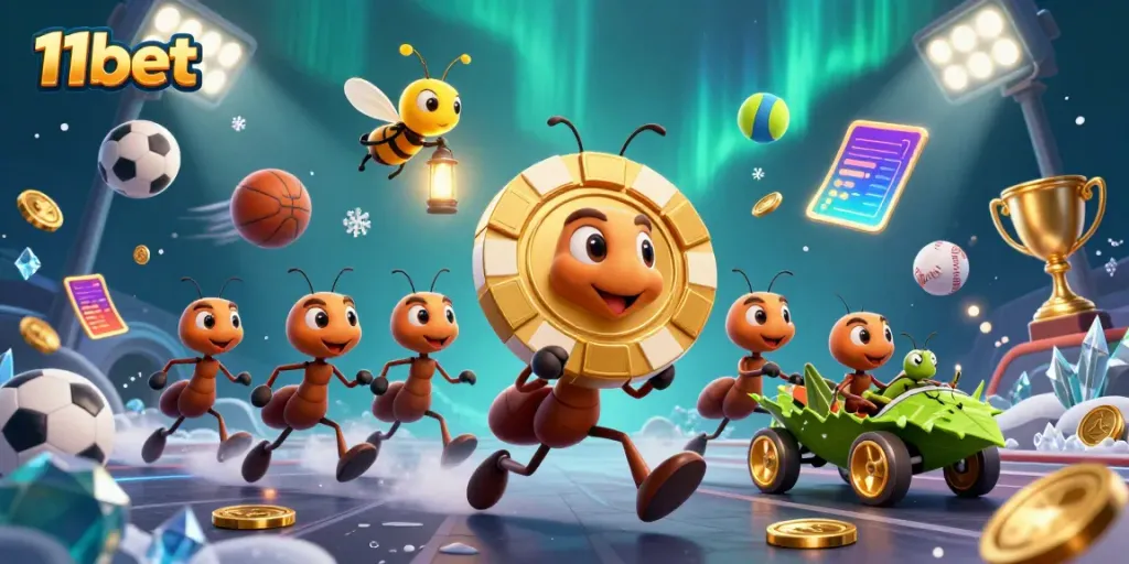Experience thrilling gameplay at 11bet as 3D ants maneuver a giant poker chip, amidst dynamic sports elements.