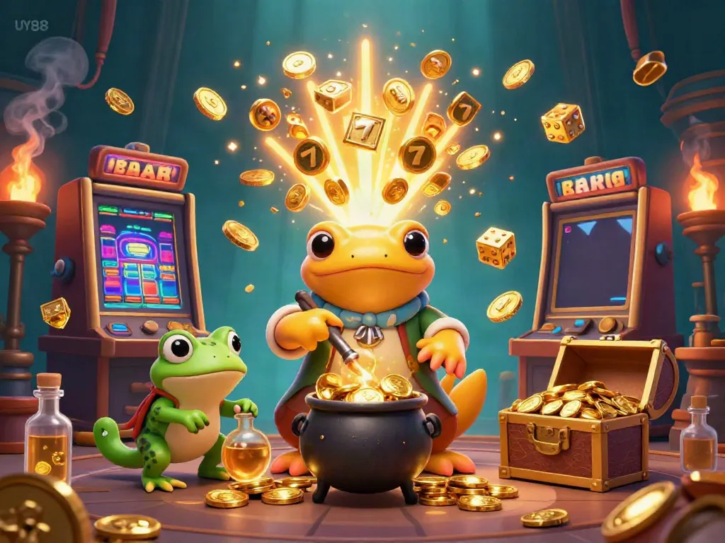 Experience the thrill of UY88 as a golden salamander alchemist transfigures metals into gold coins amidst a vibrant casino scene.