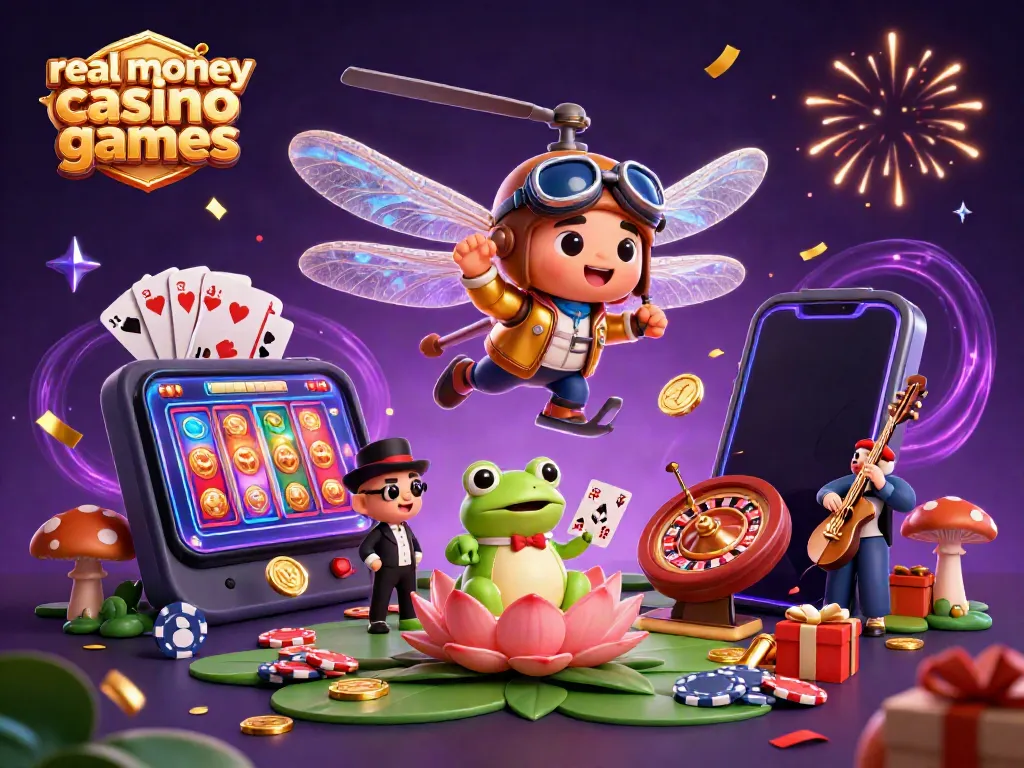 Experience thrilling real money casino games with colorful characters in a vibrant 3D scene.