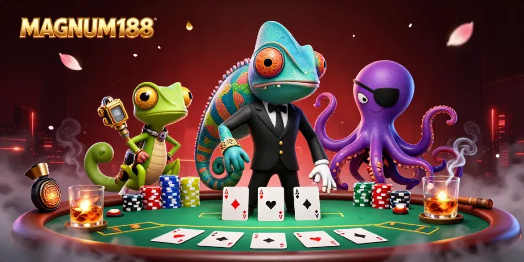Illustration showcasing the dynamic gaming scene of MAGNUM188 with colorful poker elements and vibrant characters.