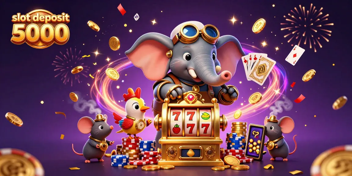 Experience the excitement of slot deposit 5000 with a steampunk elephant at a golden slot machine.
