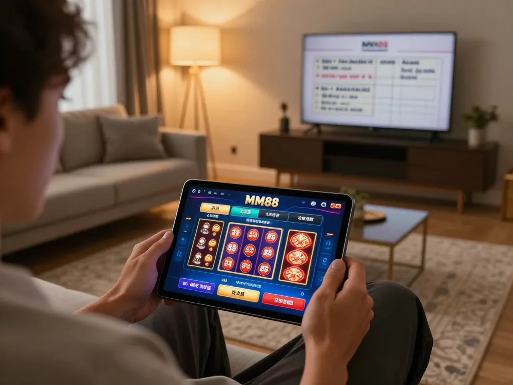 Engaged player using the MM88 app in a cozy setting, showcasing Trang chủ MM88 mới nhất