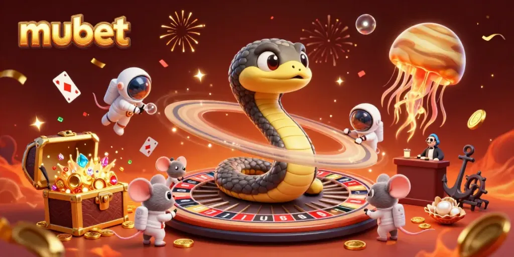 Experience the thrill of betting with Mubet's vibrant cosmic casino scene featuring playful astronaut mice and a golden jellyfish dealer.