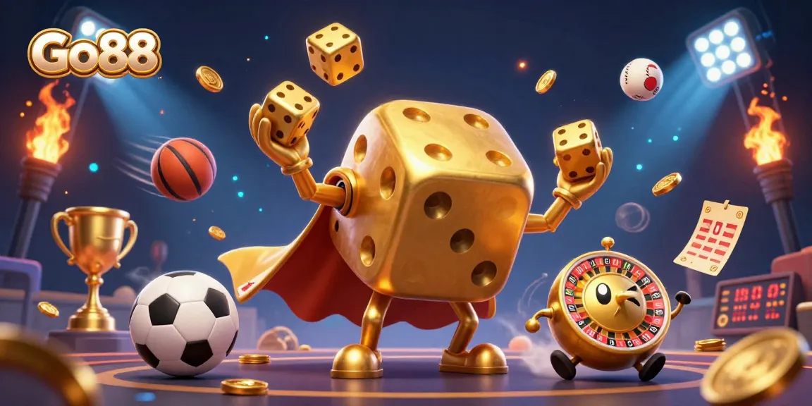 Engage with Go88's thrilling casino experience, showcasing golden dice and dynamic sports elements.
