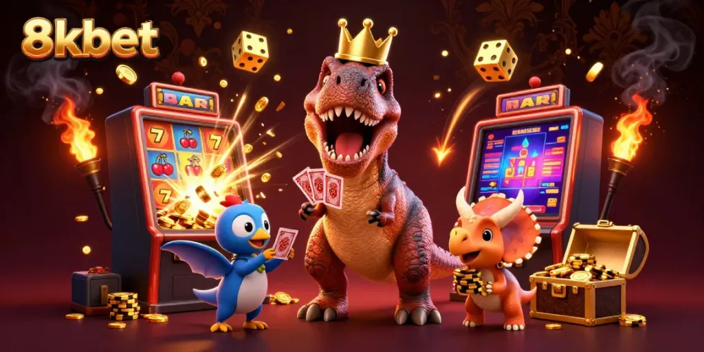 Engage in thrilling 8xbet casino games with a dynamic T-Rex character amidst a jackpot scene featuring colorful gaming elements.