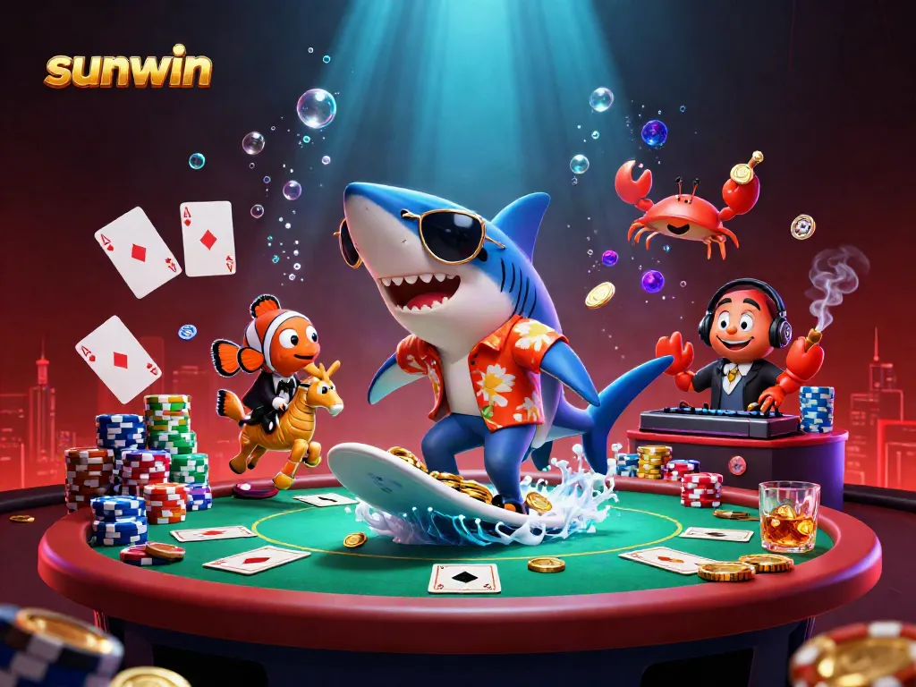 Experience the thrill of sunwin with a vibrant 3D shark and clownfish enjoying gold coin surf and poker fun.
