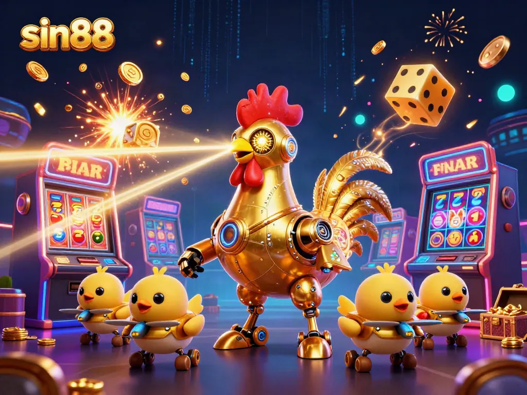 Experience thrilling gameplay with sin88 featuring a golden rooster robot, baby chick drones, and exciting casino elements.
