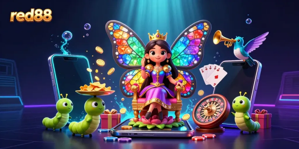 Experience the vibrant gaming world of red88 with a colorful casino-themed scene featuring a butterfly queen and gaming elements.