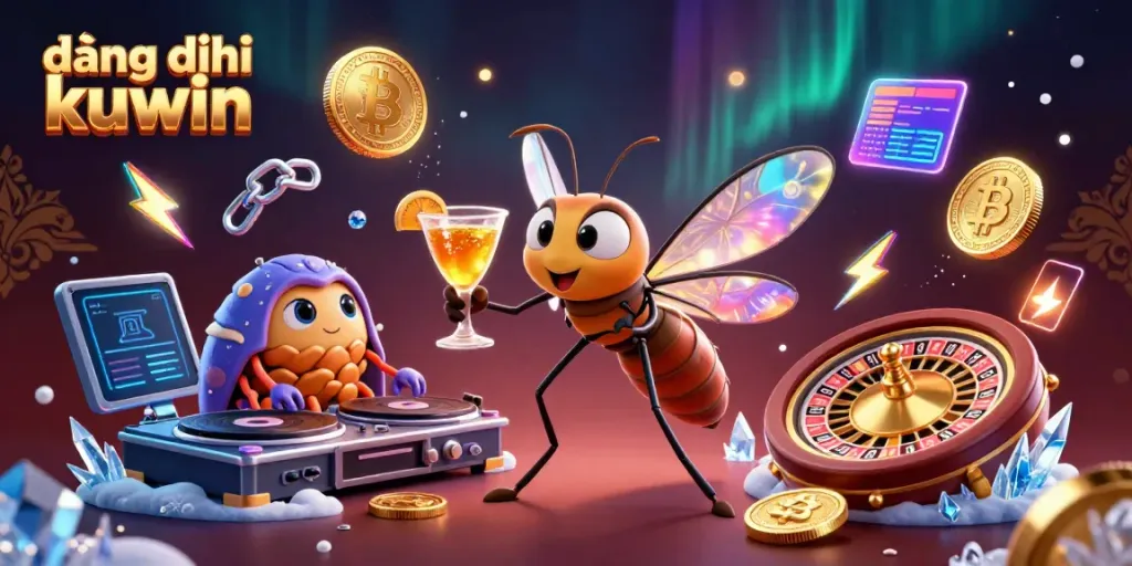 Engaging scene of characters celebrating at a casino, highlighting đăng ký kuwin and crypto coins.