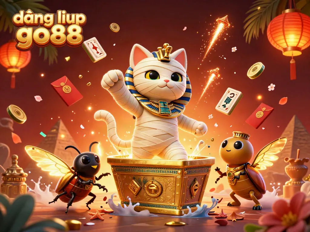 Engage in thrilling games by logging into Go88 with our dynamic casino illustration featuring a mummy cat.