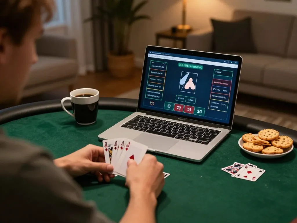 LOTO188 online poker player analyzing cards at home, emphasizing responsible gambling.