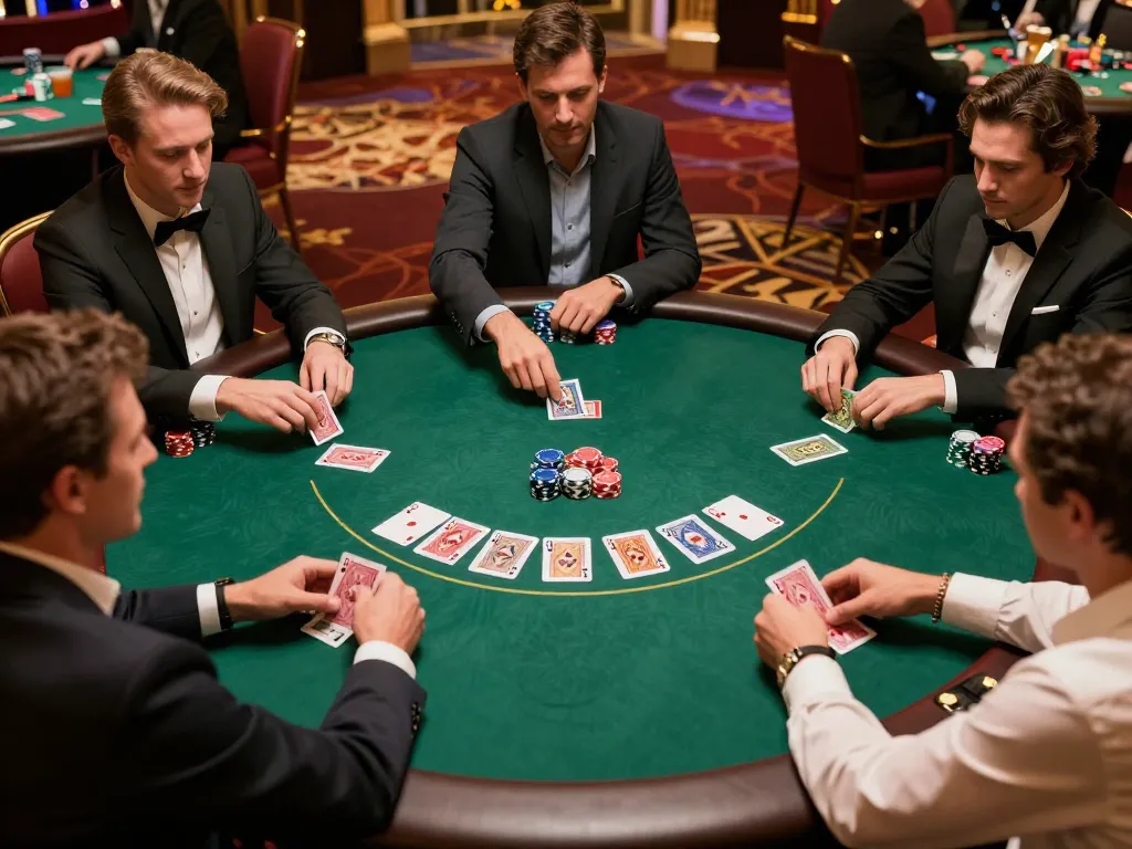 Engaged players at a poker table strategizing their moves, showcasing link resmi positioning in a vibrant casino.
