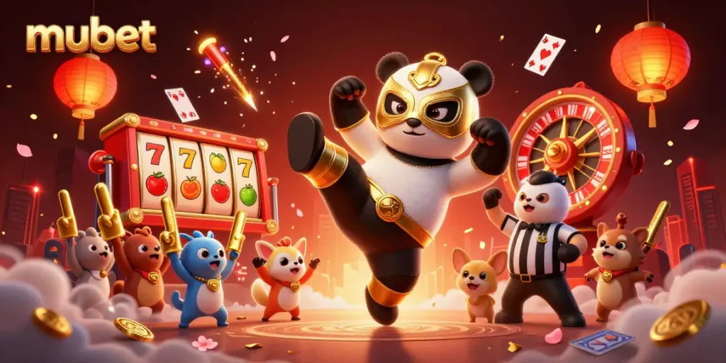 Engaging mubet scene showcasing a panda wrestler and chihuahua referee with vibrant casino elements.