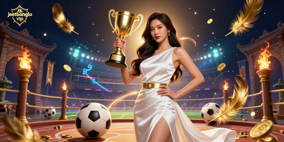 Engage with the jeetbangla vip gaming experience, featuring a triumphant Asian woman and sports betting elements.