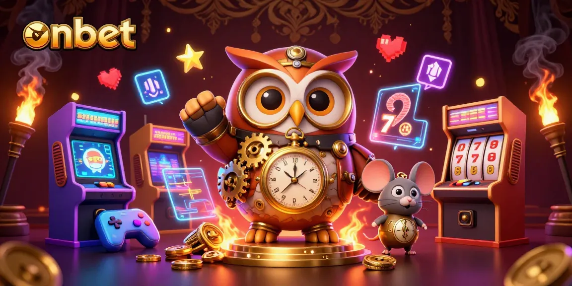 Engage with onbet's casino magic featuring a playful owl and vibrant slot games.