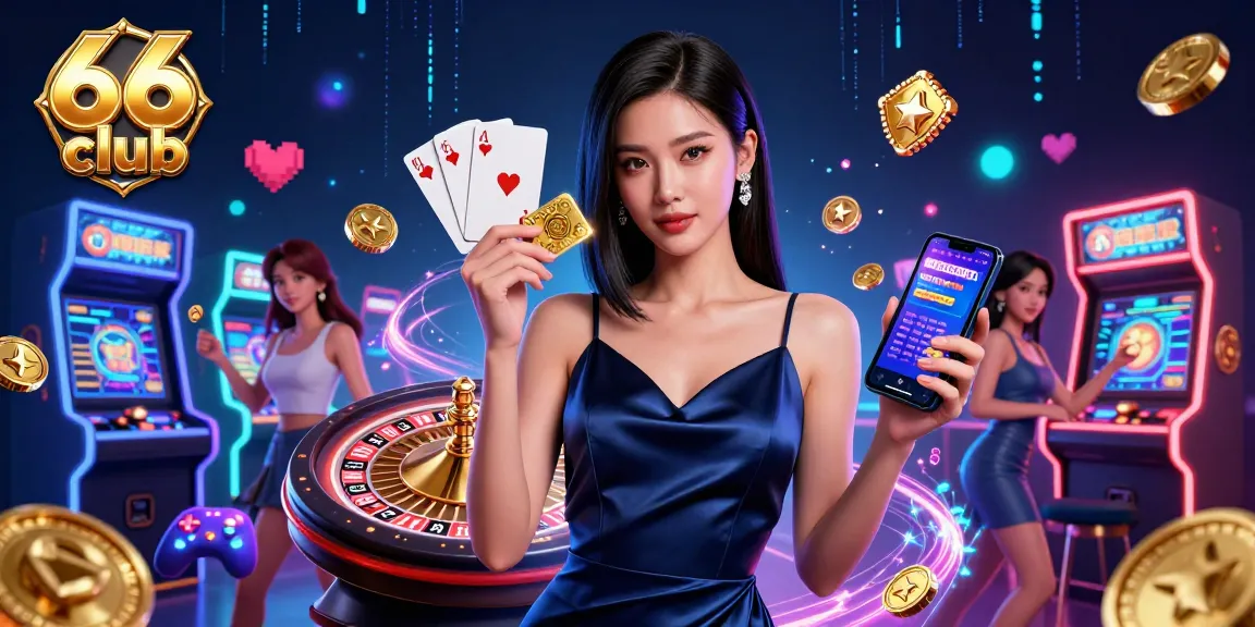 Engage with the vibrant 66 club as an Asian woman showcases her winning strategy in a dazzling casino scene.