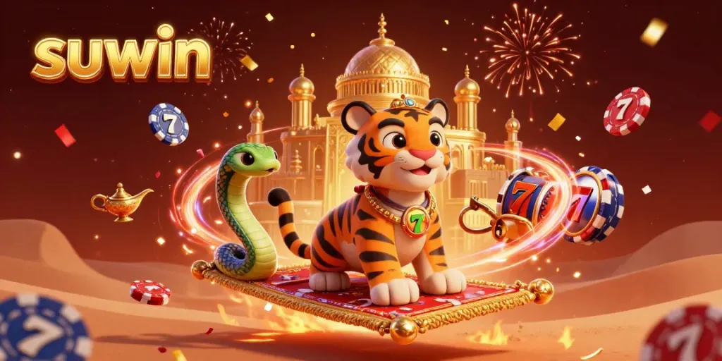 Suwin-themed casino illustration of a tiger sultan on a poker chip carpet with floating slot elements.