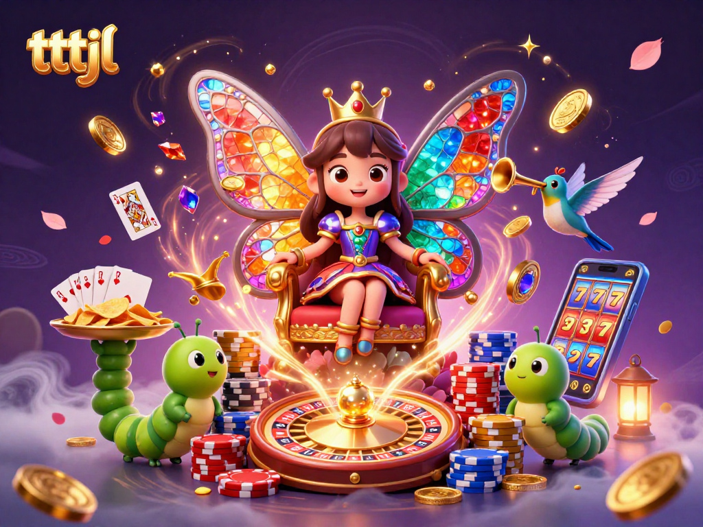 Experience the vibrant tttjl casino scene with a butterfly queen and dynamic gaming elements.