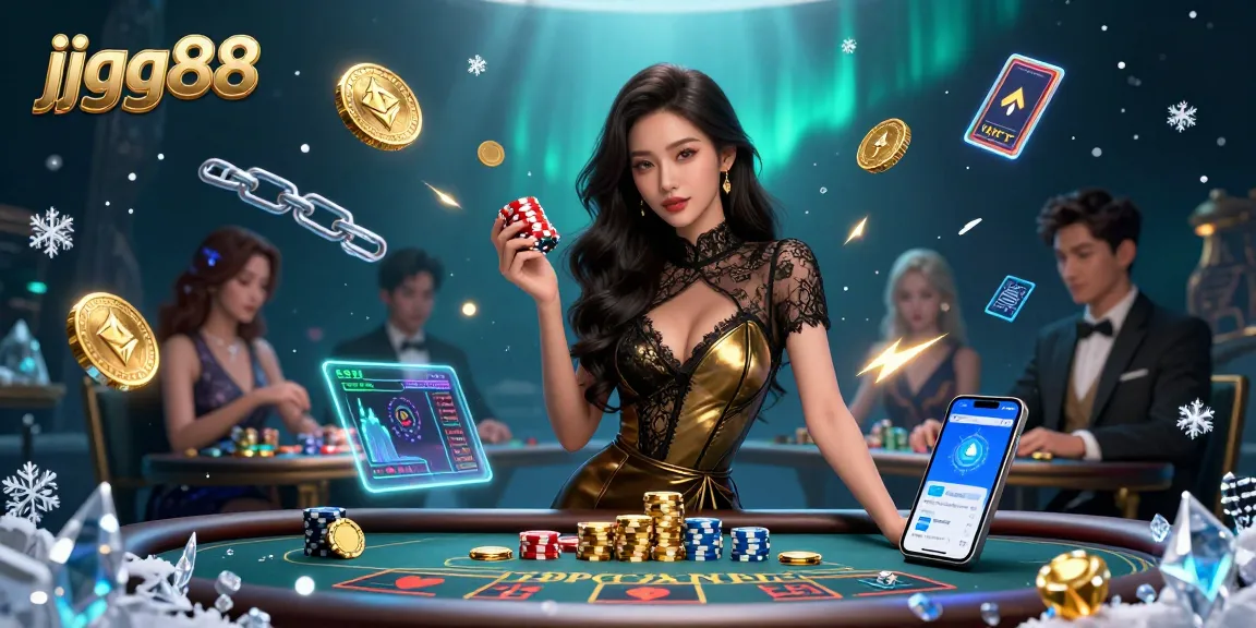 Experience high-stakes excitement at jjgg88 with a glamorous Asian woman at a VIP casino table.