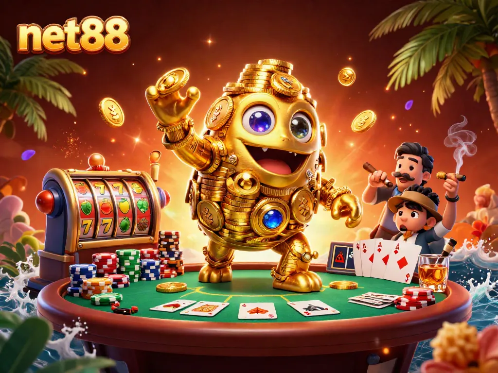 Experience the thrill of net88 with a vibrant 3D scene featuring a golden golem and exciting slot reels.