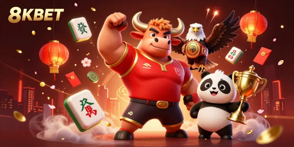 Experience the vibrant world of 8KBET with dynamic characters and colorful casino elements in a festive scene.
