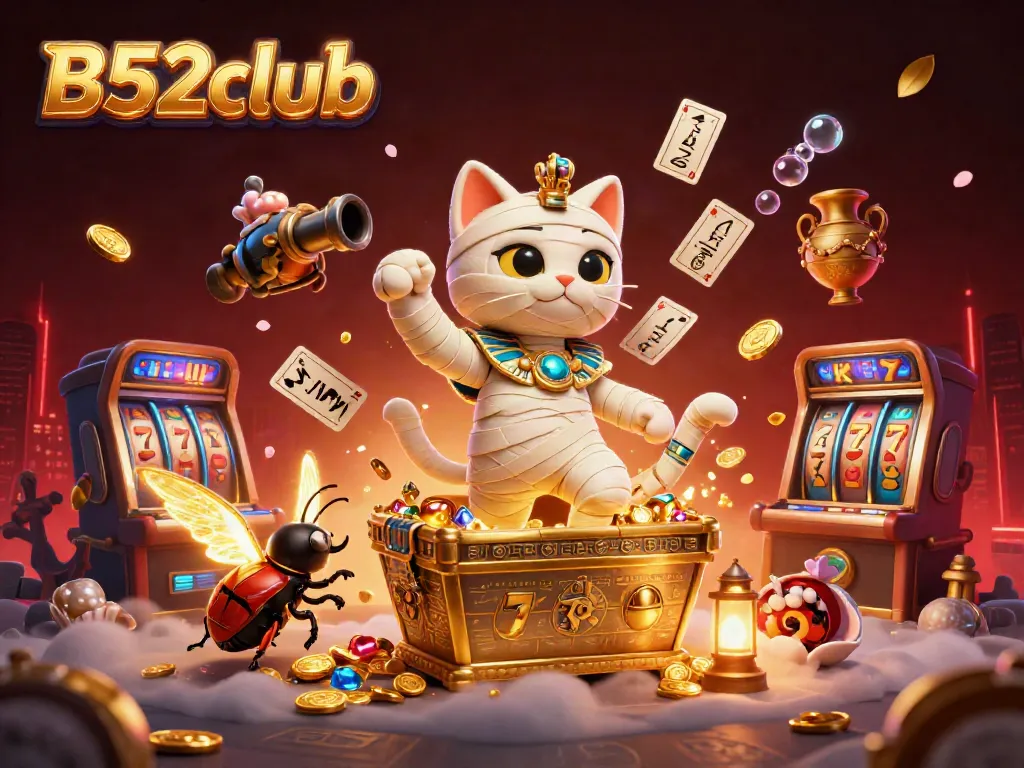 B52club's exciting gameplay scene featuring a cartoon Egyptian mummy cat and treasures in a pyramid casino