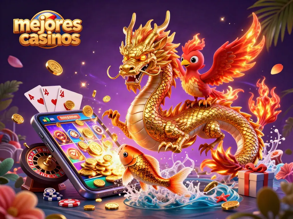 Juega en los mejores casinos mientras un dragón y un fénix te acompañan en esta escena de casino.