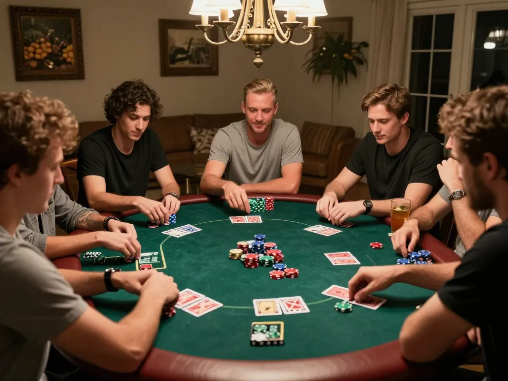 Friends engaging in strategic poker gameplay at a home game night while enjoying GG88 gaming experiences.