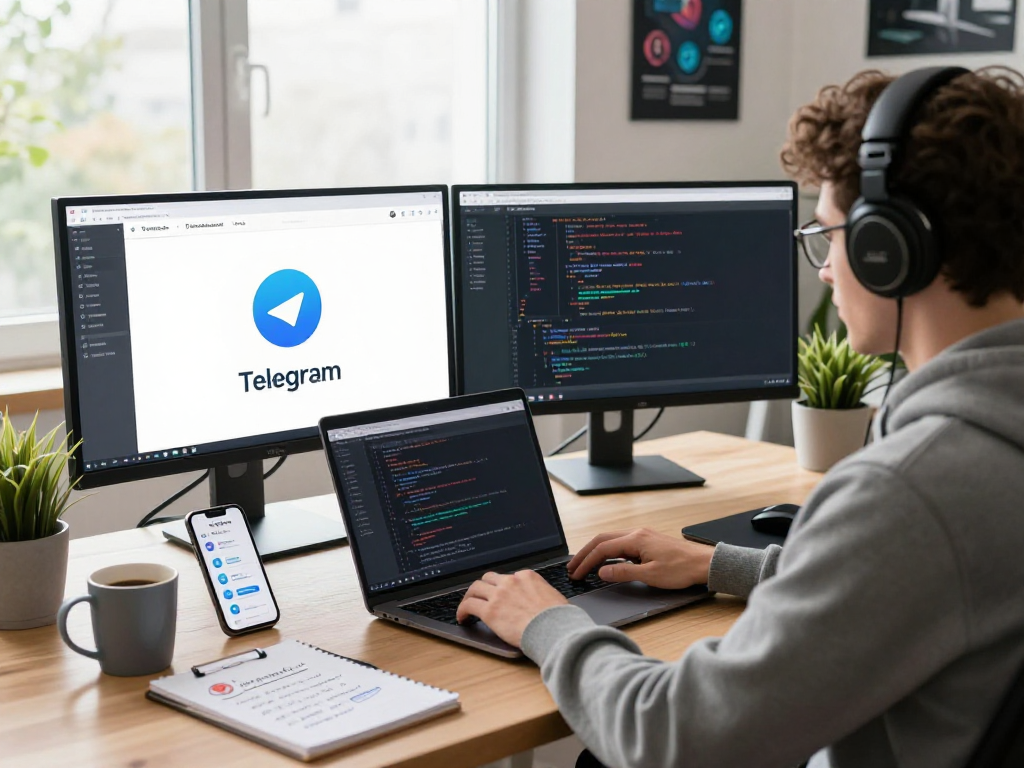 使用Telegram中文的开发人员在现代办公环境中专心工作，展现了高效沟通的情景。