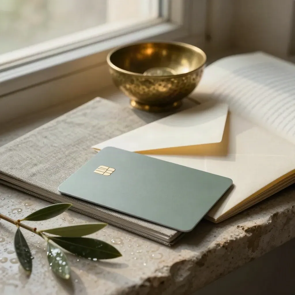 Ethical money still life with bank card, guide booklet, envelope, coin bowl and olive sprig on pale stone.