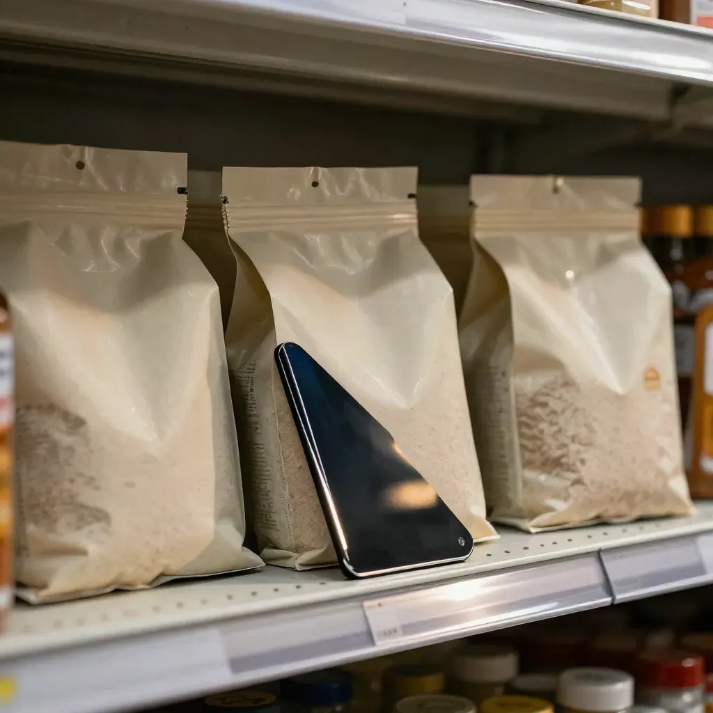 Back-turned grocery packages and a tilting black score plaque on a shelf in side light.