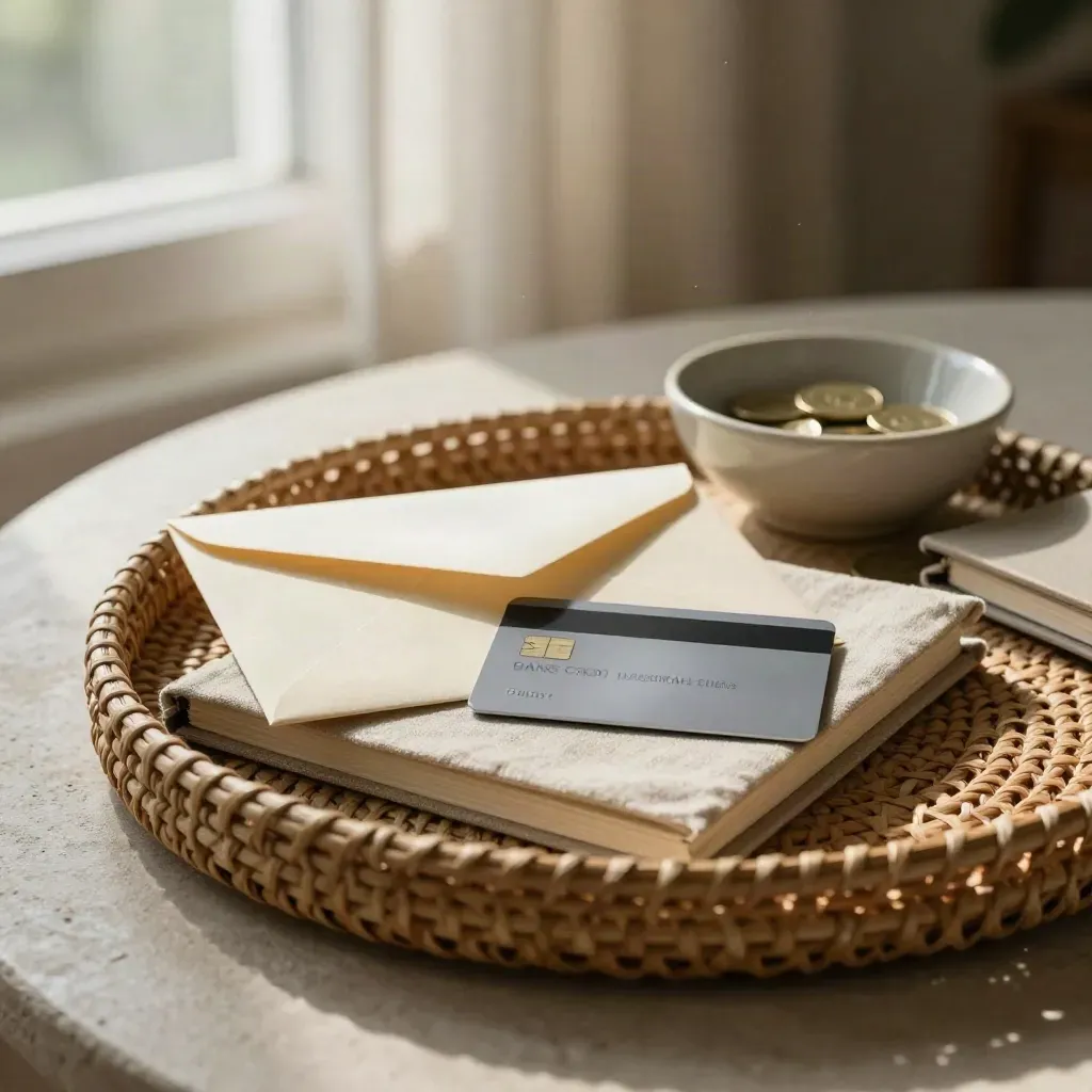 Bank-switch items on a stone table in window light: envelope, debit card, coin bowl, notebook, woven tray.