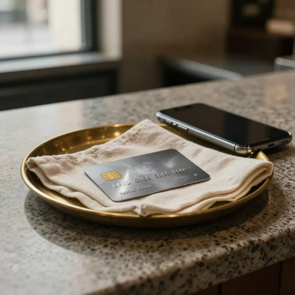 Metal credit card, brass tray, folded cloth, and face-down phone on a travertine counter.