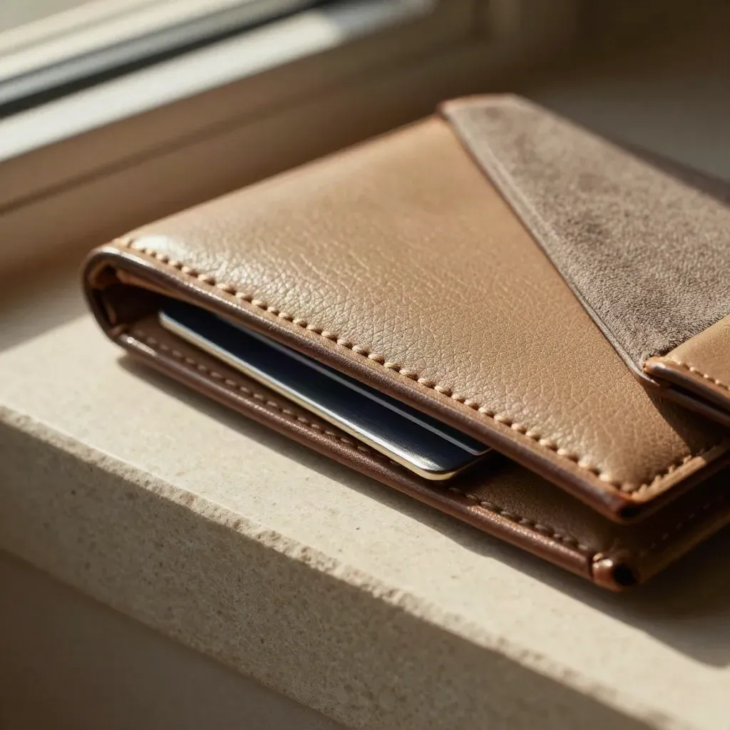 Leather wallet, metal card edge, and glasses case in a tense macro light