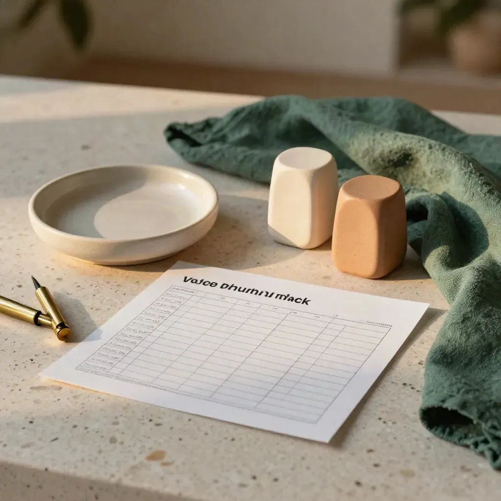Scorecard still life with ceramic dish, sample products, folded cloth, and brass marker in sunset light.