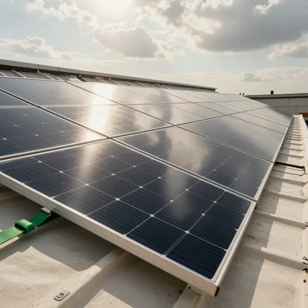 Solar panels flashing in sunbreak on a rooftop with a cropped maintenance ladder.