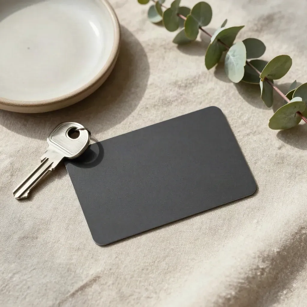 Overhead flatlay of a face-down bank card with key ring, clay dish, and eucalyptus on linen.