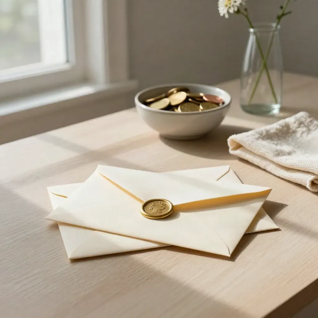 Donation envelope with coins, cloth, and wildflower on pale wood in soft side light.