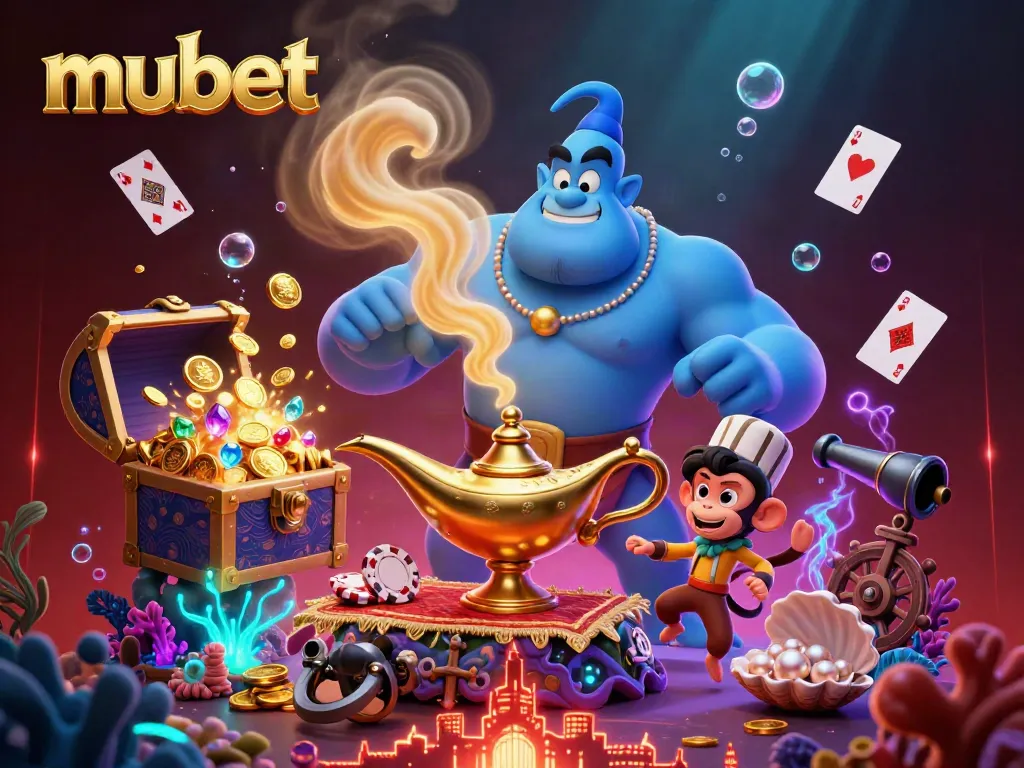 Experience the vibrant mubet casino scene with a genie, monkey, and poker chips in action.