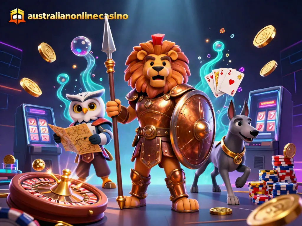 A fun, action-packed illustration representing australianonlinecasino with a Spartan lion, strategic owl, and greyhound surrounded by casino elements.